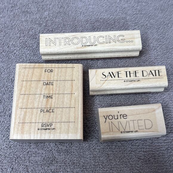 Wood Wooden Stamps Lot Introducing You’re Invited Save The Date RSVP Stampin Up - Picture 1 of 6
